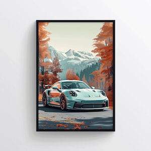Porsche 992 GT3 RS Poster – Modernes Porsche Autoposter – Porsche 911 Digitale Illustration Wandkunst – Autodruck für Porsche Liebhaber