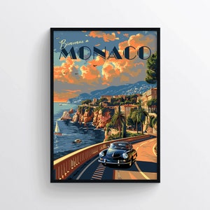 Cartel de viaje de Mónaco – Impresión de decoración de pared – Ilustración digital – Impresión de viaje de Montecarlo – Cartel publicitario de la Riviera Francesa – "Bienvenue à Monaco"