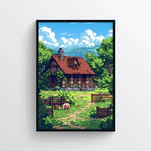 Stardew Valley Pixel Art Poster Druck – Gemütliches Retro Game Wanddekor mit Schwein – Geschenk für Gamer im Spielzimmer