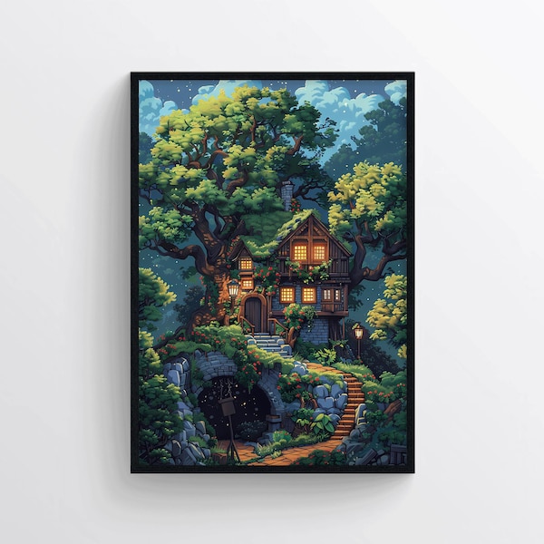 Stardew Valley pixelartposter, boshuisje-print, gezellige op gaming geïnspireerde wanddecoratie