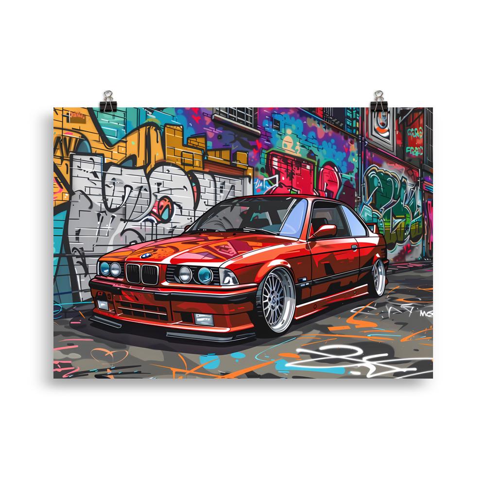 BMW E36 Graffiti Poster Print – Street Art Style Car Illustration