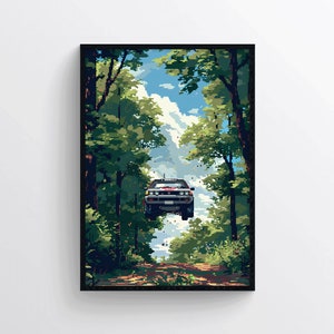 Può includere: Un'illustrazione pixel art di un'auto bianca che guida attraverso una foresta verde. L'auto sta volando in aria e gli alberi sono su entrambi i lati della strada.