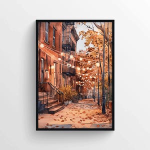 Rua com luzes Impressão de outono – Impressão de atmosfera quente de outono – Pôster de decoração de outono – Impressão de paisagem urbana aconchegante – Decoração de parede em cores de outono