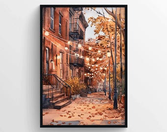 Herbst Straßenlaterne Poster Print – Gemütliche Herbst Stadtansicht Wand Kunst – Warme saisonale Wand Dekoration – Herbst Urban Illustration Dekoration