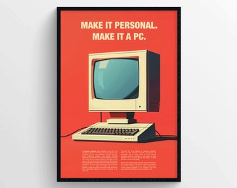 Vintage Computer Poster, 1990s Technology Wall Art, Retro IBM Style Advertising Print, Wall Decor for Home Office or Workspace