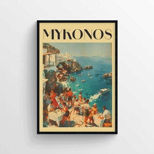 Mykonos Reiseposter Retro Print – Vintage Griechenland Wandkunst mit Seaside Café Szene – Mittelmeerküste Wanddekor für Wohnräume