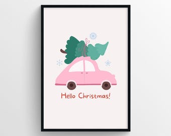Hello Christmas Poster Print – Festive Holiday Wall Art – Cheerful Christmas Card Style Illustration for Seasonal Wall Decoration