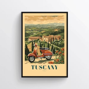 Vintage Tuscany Travel Poster Print – Retro Italian Landscape Wall Art – Scenic Countryside Illustration for Rustic or Modern Home Decor