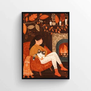 Cozy Autumn Cat Poster, Warm Fireplace Wall Art Print, Fall Aesthetic Illustration, Cat Lover Decor, Hygge Wall Decoration, Rustic Home Art
