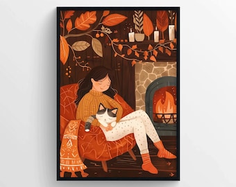 Op de afbeelding: Een vrouw zit in een rode fauteuil met een kat op schoot. De fauteuil staat voor een open haard met een brandend vuur. De scène is versierd met herfstbladeren en kaarsen.
