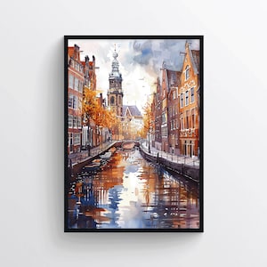 Poster in stile acquerello di Amsterdam – Illustrazione digitale della città olandese – Stampa artistica – Decorazione murale di Amsterdam per la casa