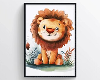 Impresión de león para niños – Póster de animal lindo – Decoración de jungla para guardería – Ilustración digital de león