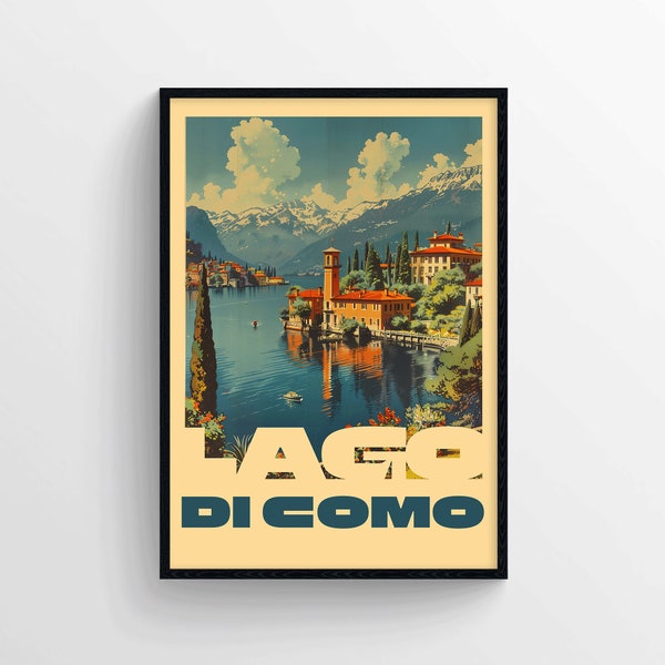 Italië Comomeer Retro Reisposter, Landschap in Como Illustratie Poster, Comomeer Ouderwetse Stijl Print, Italiaans Landschap Poster