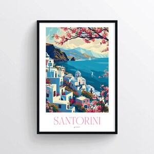 Póster de viaje a Santorini: arte mural colorido de Grecia con paisaje mediterráneo. Decoración de pared de islas griegas para el hogar o las vacaciones.