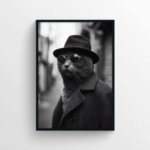 Impresión en blanco y negro de Cool Cat – Póster de fotografía – Impresión de gato estilo fotografía callejera – Decoración de pared con impresión moderna – Póster fotográfico de gato