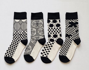 Vintage Style Black and White Patterned Socks - unisex