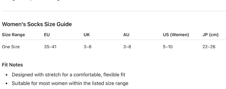 May include: A size guide for women's socks, detailing EU, UK, AU, US (Women), and JP (cm) sizes. The guide includes a "One Size" option with corresponding measurements. Fit notes highlight a comfortable, flexible fit suitable for most women.