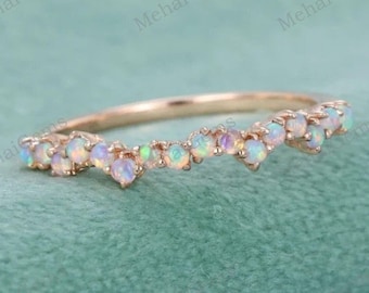 Natural Opal Ring, Vintage Opal Band, Opal Wedding Band, Rose Gold Opal Ring, Dainty Opal Ring, October Birthstone Ring, Matching Band Ring