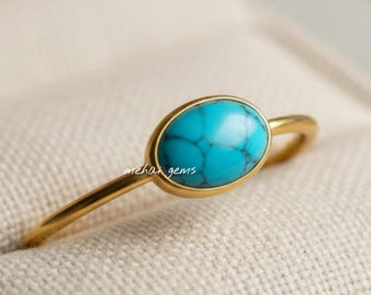 Handmade Oval Turquoise Ring - 14k Solid Gold Minimalist Band