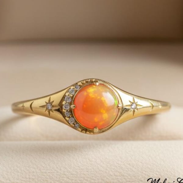 Vintage 14k-Gold Round Orange Opal Engagement-Ring, Dainty Celestial Opal-Diamond Proposal Ring, Solitaire Anniversary Gift