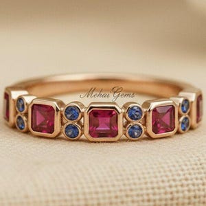 Vintage Ruby And Sapphire Ring, Ruby Eternity Band, Ruby Wedding Band, July Birthstone Ring For Her