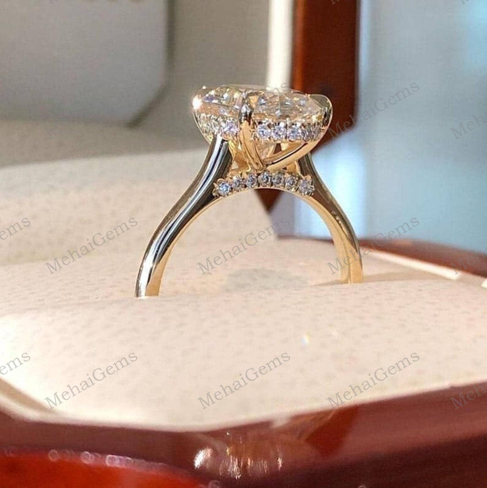 14K Solid Gold 2 CT Oval Cut Lab Grown Diamond Engagement Ring, Hidden Halo Simulated Diamond Ring Woman's Anniversary Promise Ring For Her