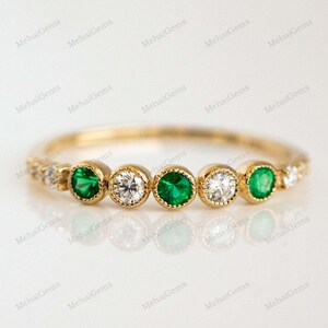 Alternate Natural Emerald And Diamond Full Eternity Band, 14K White Gold Ring Stacking Matching Band Bridesmaid Gift, Proposal Ring For Her