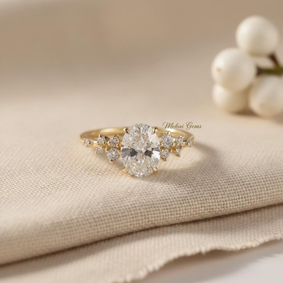 2 Ct Oval Cut Moissanite Engagement Ring Dainty, 14k Gold Cluster ...