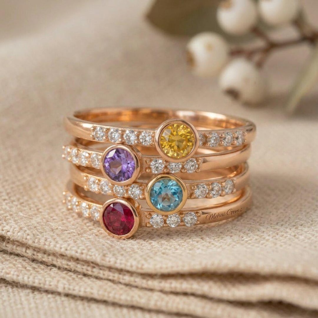 Personalized Birthstone Ring, Family Birthstone Ring, 18k Gold Daily ...