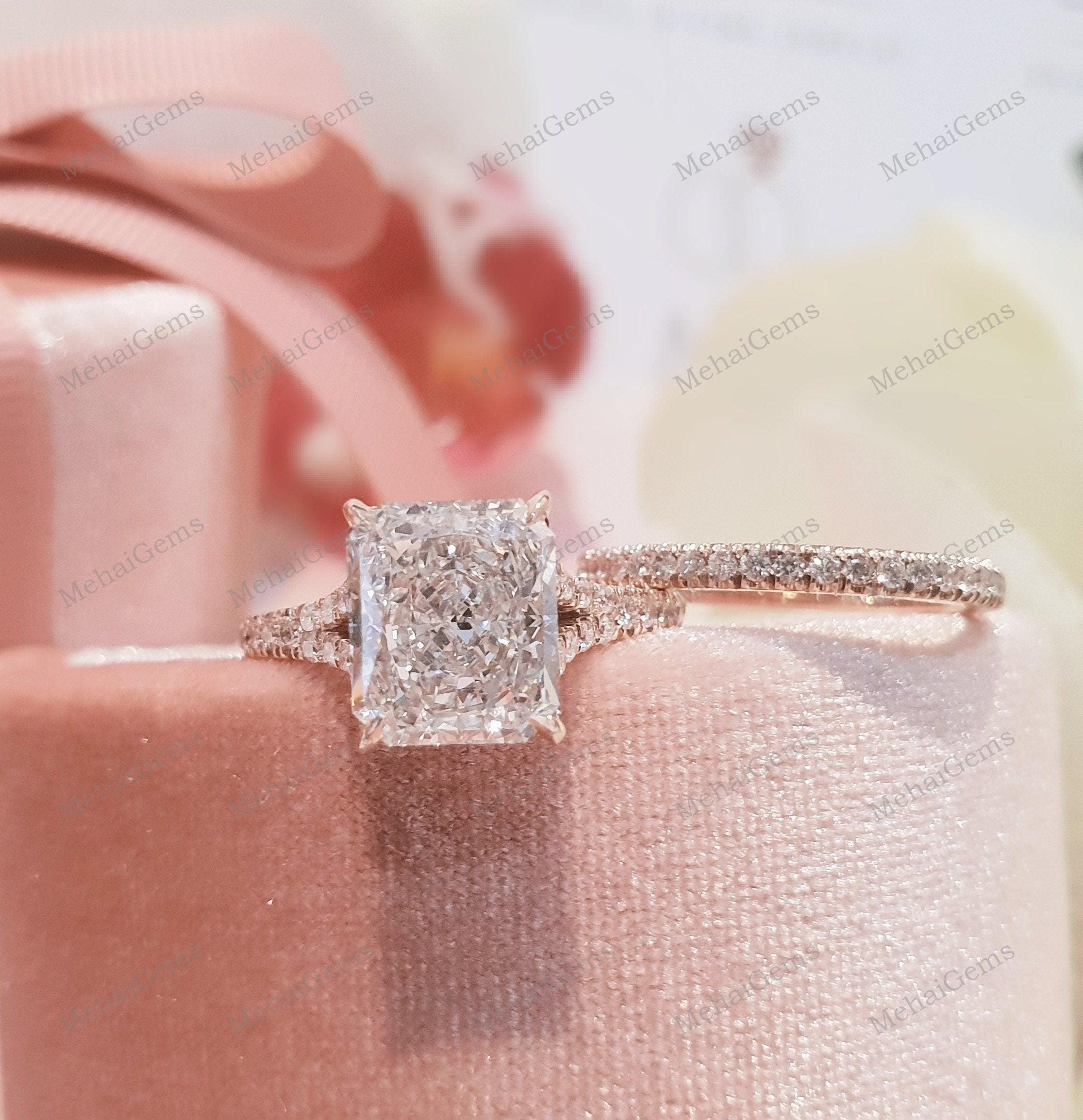 2.5CT Radiant Cut Moissanite Engagement Ring Set, 14k Rose Gold Moissanite Band Unique Double Claws Hidden Halo Bridal Set Wedding Ring Set