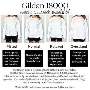 May include: A white Gildan 18000 unisex crewneck sweatshirt in four different fits: fitted, normal, relaxed, and oversized. The image shows a model wearing each fit of the sweatshirt. The text below the image describes the fit of each sweatshirt and the material composition. The text also states that the model is 5'6" and normally wears a size 6-8 or medium.