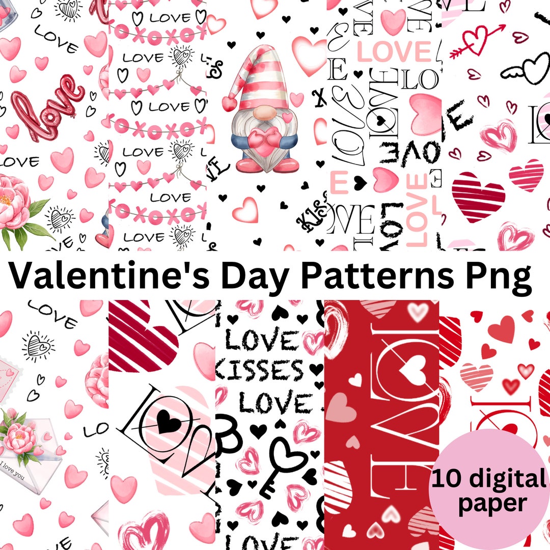 10 Valentines Wrapping Paper Digital PNG Seamless Heart Paper 12x12