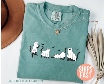 Camiseta de gato de Halloween Comfort Colors®, camiseta de gato fantasma de Halloween, camiseta de gato fantasma, camiseta para amantes de los gatos, camiseta de gato de Halloween, camiseta de temporada espeluznante