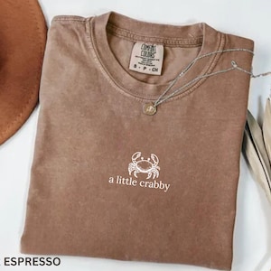 May include: Espresso-colored t-shirt with a white crab graphic and the text "a little crabby." The shirt has a crew neck and short sleeves. A silver necklace with a small pendant is on the shirt. A brown hat and dried plant are in the background.