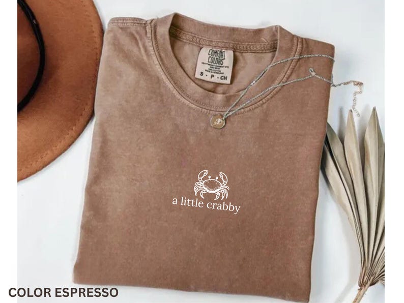 May include: Espresso-colored t-shirt with a white crab graphic and the text "a little crabby." The shirt has a crew neck and short sleeves. A silver necklace with a small pendant is on the shirt. A brown hat and dried plant are in the background.