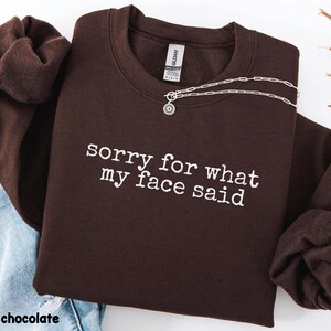 May include: Dark chocolate-colored sweatshirt with the text "sorry for what my face said" in white. A silver necklace with a circular pendant is draped across the front. The sweatshirt is folded on top of blue jeans.