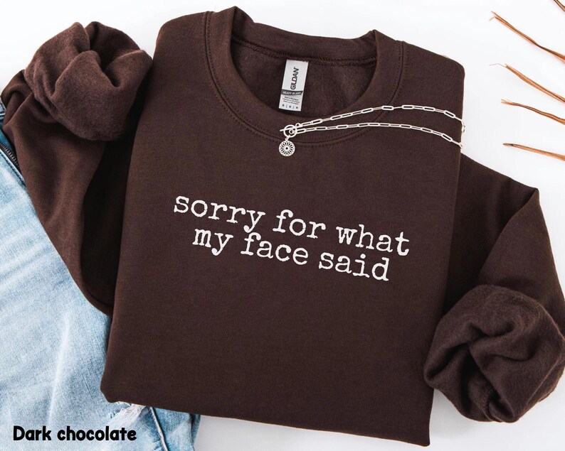May include: Dark chocolate-colored sweatshirt with the text "sorry for what my face said" in white. A silver necklace with a circular pendant is draped across the front. The sweatshirt is folded on top of blue jeans.