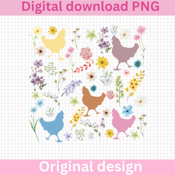 Floral Chicken PNG Spring Chicken Sublimation, Wildflower Chicken Png, Retro Chicken Png, Shirt Design, Chicken Lady, Funny Chicken Png