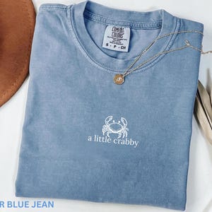 May include: A blue jean colored t-shirt with the words "a little crabby" and a crab graphic. The shirt has a small tag on the collar and is paired with a gold necklace. A brown hat and dried plant are in the background.