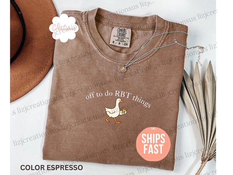 May include: An espresso-colored short-sleeve t-shirt with a crew neckline. The shirt features a graphic of a white goose holding a coffee cup, accompanied by the white text "off to do RBT things" printed in a simple, clean font above the goose.