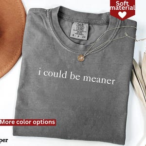 May include: Gray t-shirt with the text "i could be meaner" printed in white. The shirt has a distressed look and is made of a soft material.