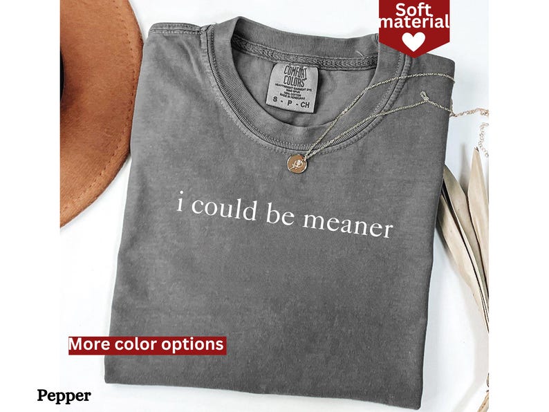 May include: Gray t-shirt with the text "i could be meaner" printed in white. The shirt has a distressed look and is made of a soft material.