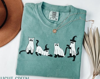Camiseta de gato fantasma de Halloween Comfort Colors®, camiseta de gato negro de Halloween, camiseta de gato espeluznante, camiseta de gato de Halloween, camiseta de gato fantasma espeluznante de regalo