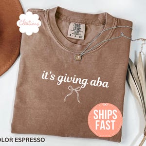 May include: A short-sleeved espresso brown t-shirt with a crew neckline. The shirt features the white text 'it's giving aba' printed above a simple white line-art illustration of a ribbon bow. The garment has a Comfort Colors brand label.