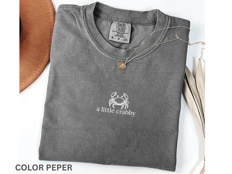 May include: A gray Comfort Colors t-shirt with a small white crab graphic and the text "a little crabby". A silver necklace with a round pendant rests on the shirt. A brown hat is partially visible.