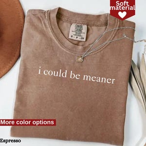 May include: A brown t-shirt with the text "i could be meaner" printed in white. The shirt is made of a soft material and has a distressed look.