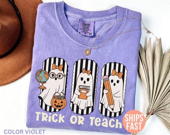 Comfort Colors® Halloween-tröja för lärare, Trick or Teach-tröja, läskig lärar-t-shirt, retro spöklärare-tröja, Halloween-present till lärare