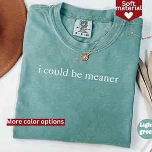May include: A light green t-shirt with the text "i could be meaner" printed in white. The shirt is made of a soft material and has a distressed look.