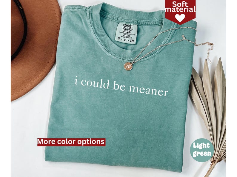 May include: A light green t-shirt with the text "i could be meaner" printed in white. The shirt is made of a soft material and has a distressed look.