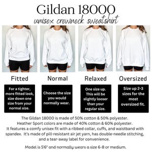 Peut inclure: Un sweat-shirt &agrave; col rond unisexe Gildan 18000 blanc en quatre coupes diff&eacute;rentes&nbsp;: ajust&eacute;, normal, d&eacute;contract&eacute; et surdimensionn&eacute;. L&rsquo;image montre un mannequin portant chaque coupe de sweat-shirt. Le texte sous l&rsquo;image d&eacute;crit la coupe de chaque sweat-shirt et la composition du mat&eacute;riau. Le texte indique &eacute;galement que le mannequin mesure 1,68&nbsp;m et porte g&eacute;n&eacute;ralement une taille 38-40 ou une taille moyenne.